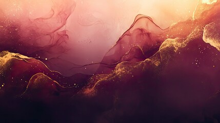 Painting of a mountain range with gold and red colors. The painting has a dreamy