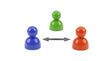 Isolated Three Colorful Game Figures with Arrows Representing Communication