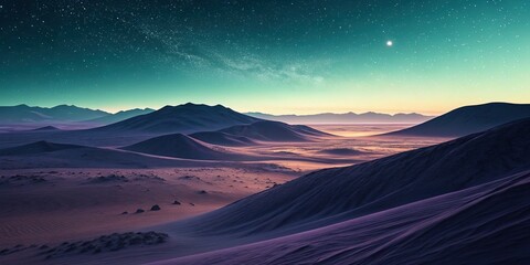 Fototapeta premium Stunning Nighttime Desert Landscape with Starry Sky and Rolling Sand Dunes under a Teal and Purple Twilight