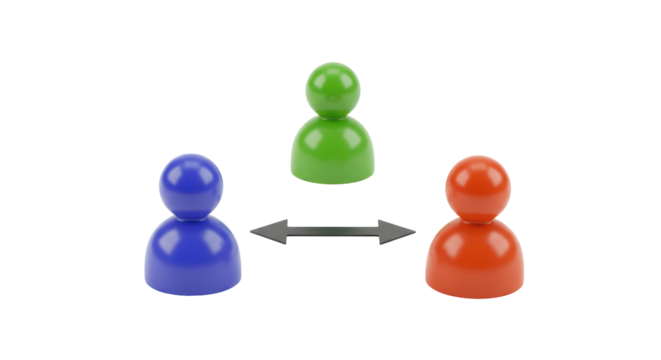 Isolated Three Colorful Game Figures with Arrows Representing Communication