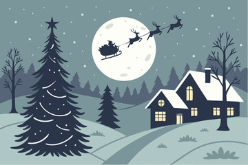 Naklejka premium 32 winter night landscape, snowy village, lit houses, christmas tree, santa sleigh flying in the sky, full moon, stars, pine trees, silhouette trees