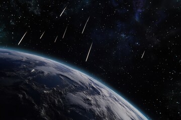 Fototapeta premium A cosmic scene showing Earth from space with multiple meteors approaching from deep space
