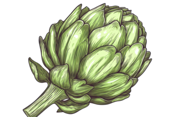 Half artichoke outline drawing in simple line art style with transparent png over white background