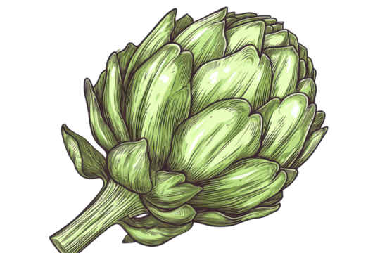 Half artichoke outline drawing in simple line art style with transparent png over white background