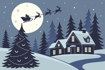 Naklejka premium 32 winter night landscape, snowy village, lit houses, christmas tree, santa sleigh flying in the sky, full moon, stars, pine trees, silhouette trees