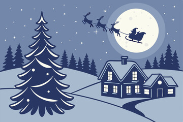 Fototapeta premium 32 winter night landscape, snowy village, lit houses, christmas tree, santa sleigh flying in the sky, full moon, stars, pine trees, silhouette trees