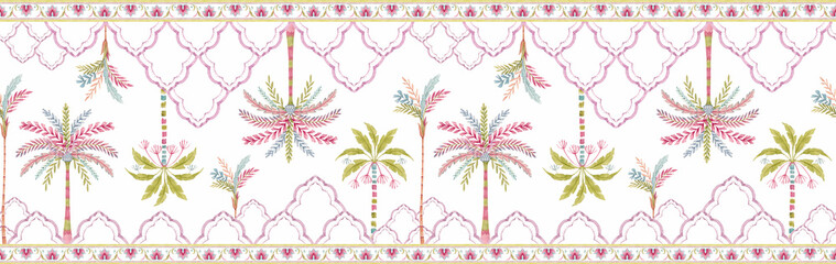 Seamless Multicolored Watercolor Moroccan Pattern with Stylized Palm Trees and Geometric Texture , Creative Repeat Modern Pattern with Ornamental Design