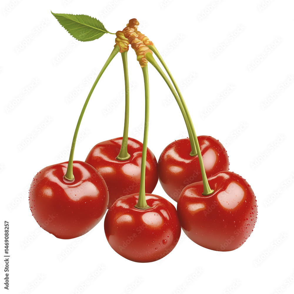 Poster trio of fresh cherries garnished with a leaf on top resting on a rustic wooden surface with natural 
