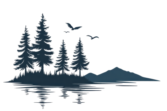Simple trees, lake, and mountain design in linear art style shown in transparent png over white