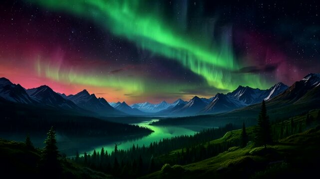 The Northern Lights cascade in flowing patterns across the dark sky, their glow softly reflecting off the pristine snow and the partially obscured moon.
