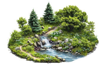 Isometric forest and river landscape in transparent png image perfectly placed on a clean white background