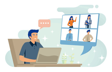 Online conference from home concept. Happy young man talking to colleagues using a video call.