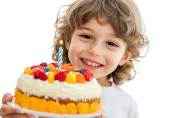 Smiling kid holding birthday cake in transparent png format perfectly isolated on a white background