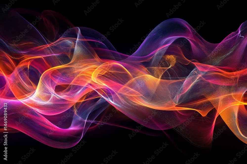 Poster abstract design with vibrant color waves on a dark background.