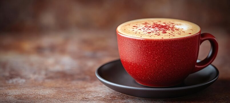 Tasteful beverage presentation with maroon coffee cup and foam on matte saucer in soft lighting and cozy ambiance

