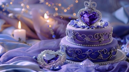 Tanzanite Heart Crown Cake with Silver Filigree and Elegant Pearl Detailing
