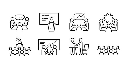 Business Teamwork Line Icons. Meeting, Presentation, Collaboration, Discussion, Brainstorming, Corporate Communication Vector Set
