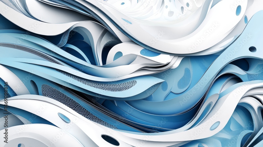 Poster sublime abstract waves with intricate patterns in icy blue and serene white
