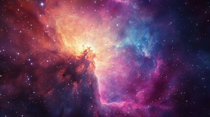 Obraz premium Vibrant nebula in cosmic colors, showcasing bright hues of purple, blue, and pink against a dark space backdrop.