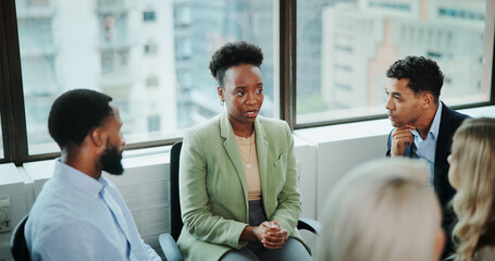 Business people, meeting and therapy session at workplace for support group or rehabilitation....