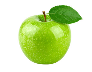 Green Granny Smith Apple with Leaf Isolated on White Background