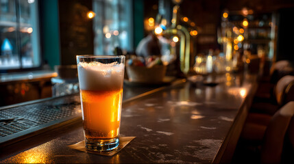 Close-up of frothy beer in a clear glass on a bar counter with moody lighting