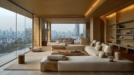 Fototapeta premium Spacious modern living room with city views.