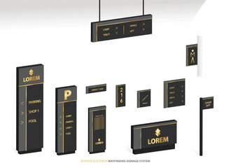 Wayfinding system 3D signage mockup set Direction signs Exterior and interior way finding design.