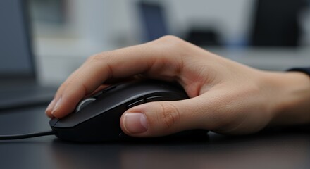 Close-up of a Hand Using a Black Computer Mouse on a Dark Surface