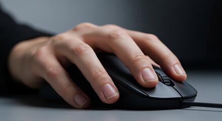 Close-up of a Hand Using a Computer Mouse, Highlighting Digital Interaction and Technology