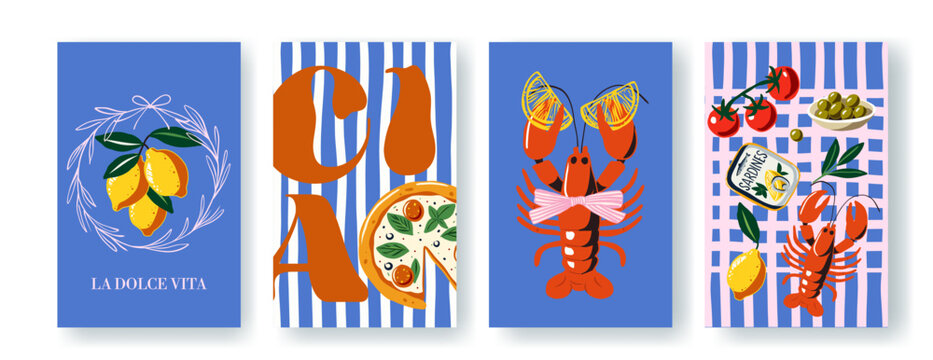 Colorful vector poster set with Italian food elements: lobster, sardines, lemon, pizza, olives. Summer Mediterranean theme, flat hand-drawn illustrations on blue striped backgrounds