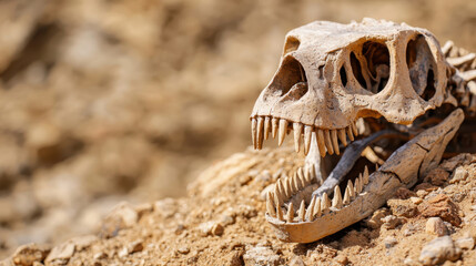 Fototapeta premium Detailed fossilized dinosaur skull rests rocky terrain, showcasing sharp teeth and intricate bone structure, evoking sense