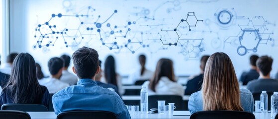 Educational seminar with molecular diagrams displayed.