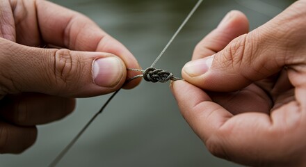 Close-up of Hands Tying a Fishing Knot