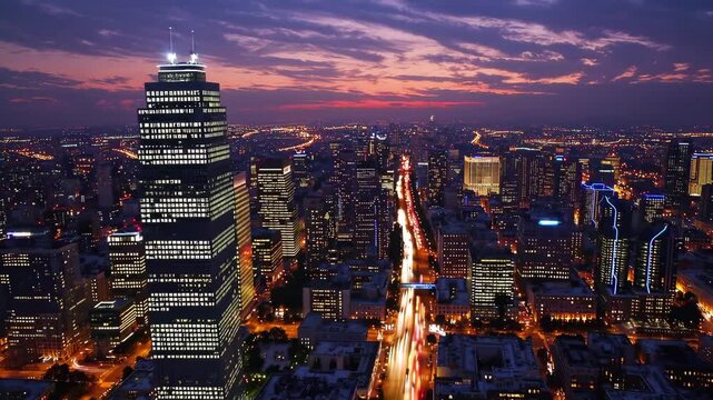 Stunning urban sunset skyline with dynamic city lights and highrise architecture