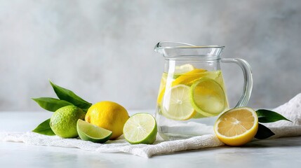 Refreshing Lemon Water in Glass Pitcher with Fresh Citrus Fruits