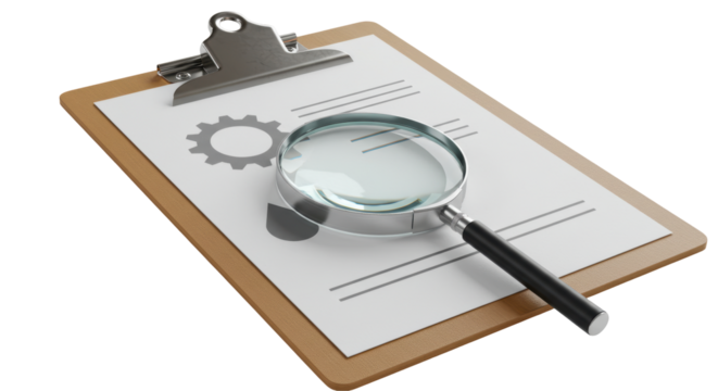 Isolated Magnifying Glass on Clipboard Examining Document