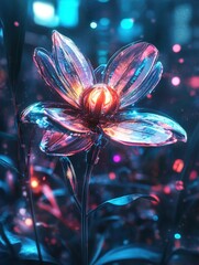 A cyberpunk flower with neon petals and a holographic glow