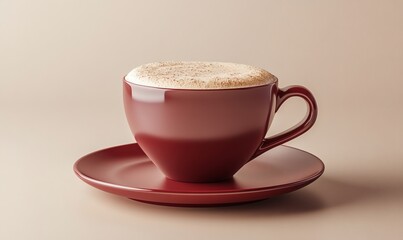Tasteful beverage presentation with maroon coffee cup and foam on matte saucer in soft lighting and cozy ambiance
