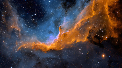 Fototapeta premium Bright orange and blue nebula stretching across deep space with stars