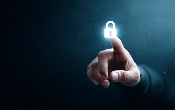 Hand activating digital padlock online security system data protection privacy internet safety technology access control
