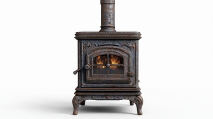 Rustic, antique-style wood-burning stove with a warm fire