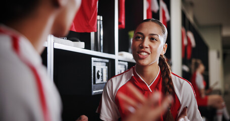 Happy girl, soccer player and talk with team in locker room for sport, match or game. Female person, friends or social chat with conversation, discussion or ideas for tournament, competition or plan