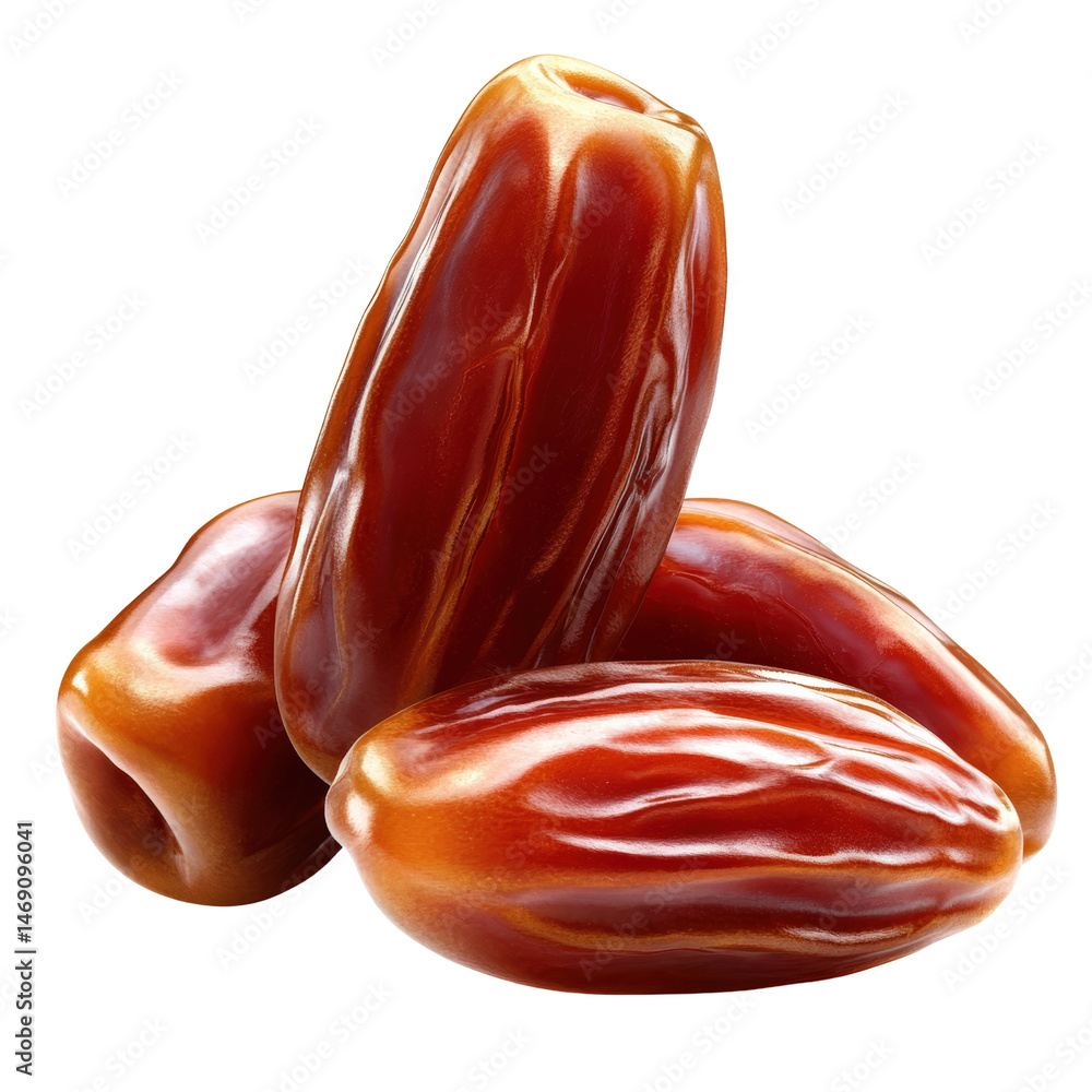 Poster three fresh dates beautifully arranged on a white plate highlighting their natural color and texture