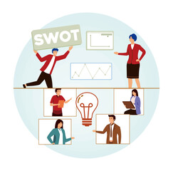 Collaborative Business Team Engaging in Strategic SWOT Analysis and Idea Development.