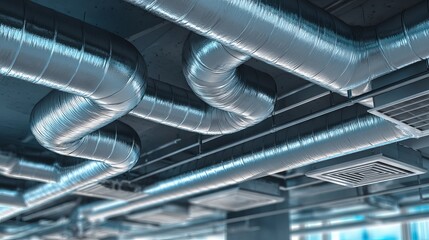 Fototapeta premium Industrial Ventilation System Shiny Metal Pipes Modern Building HVAC Air Ducts Aluminum Flexible Tubing Airflow Engineering Design Infrastructure 