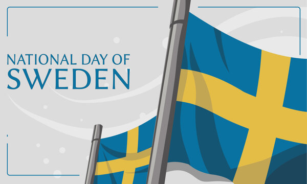 National Day of Sweden, waving Swedish flags on flagpoles – background, banner, vector illustration
