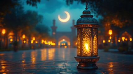 Obraz premium Illuminated lantern on a moonlit path leading to a mosque at night.