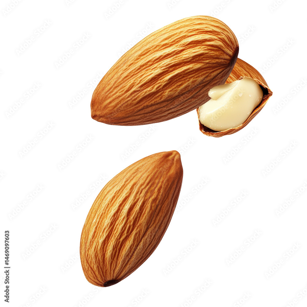 Poster raw almonds spread on a black background showcasing their natural shape and crunchy texture isolated