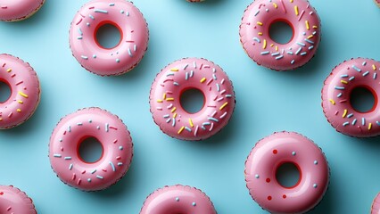Donut shaped balloons with pink frosting on blue background